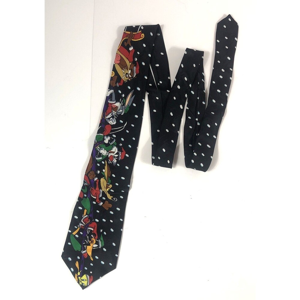 VTG Looney Tunes Mania Christmas Silk Tie 1993 Sleigh Taz Bugs Wiley & More